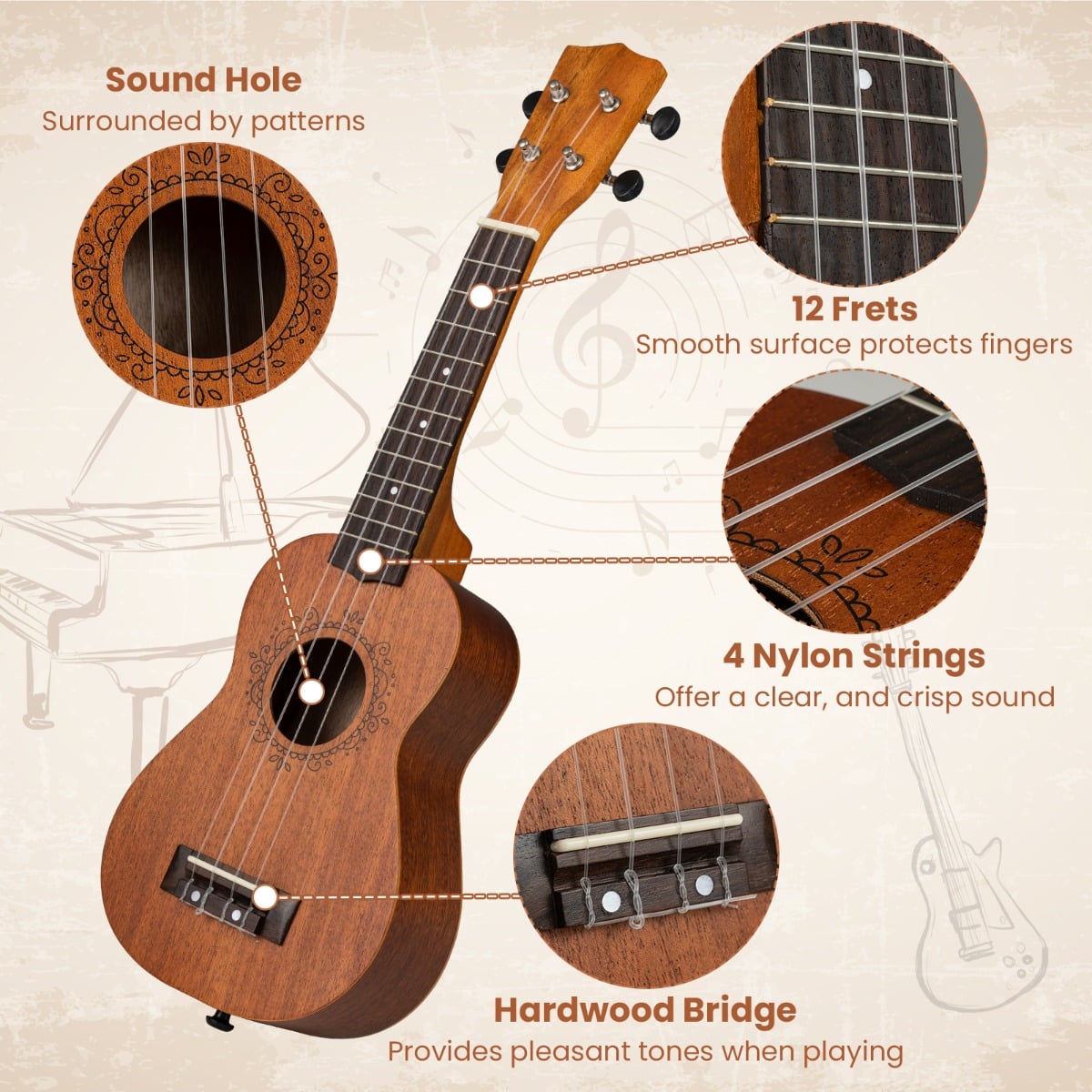 Mahogany Ukulele with Gig Bag and Adjustable Shoulder Strap