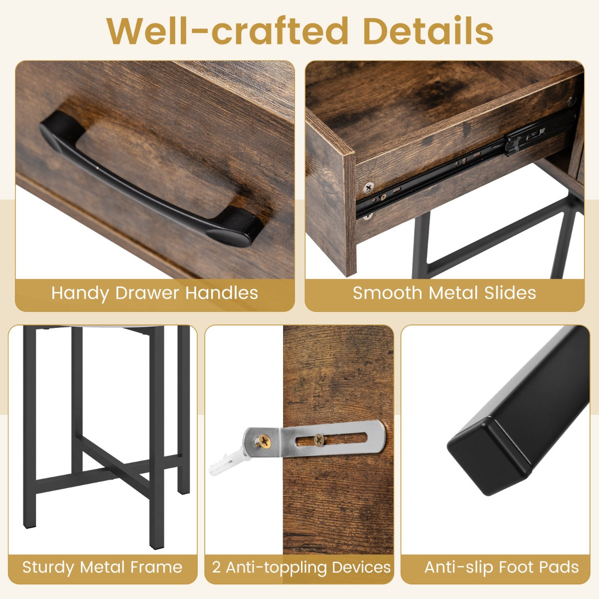 Makeup Dressing Table and Cushioned Stool Set with Power Outlets-Rustic Brown