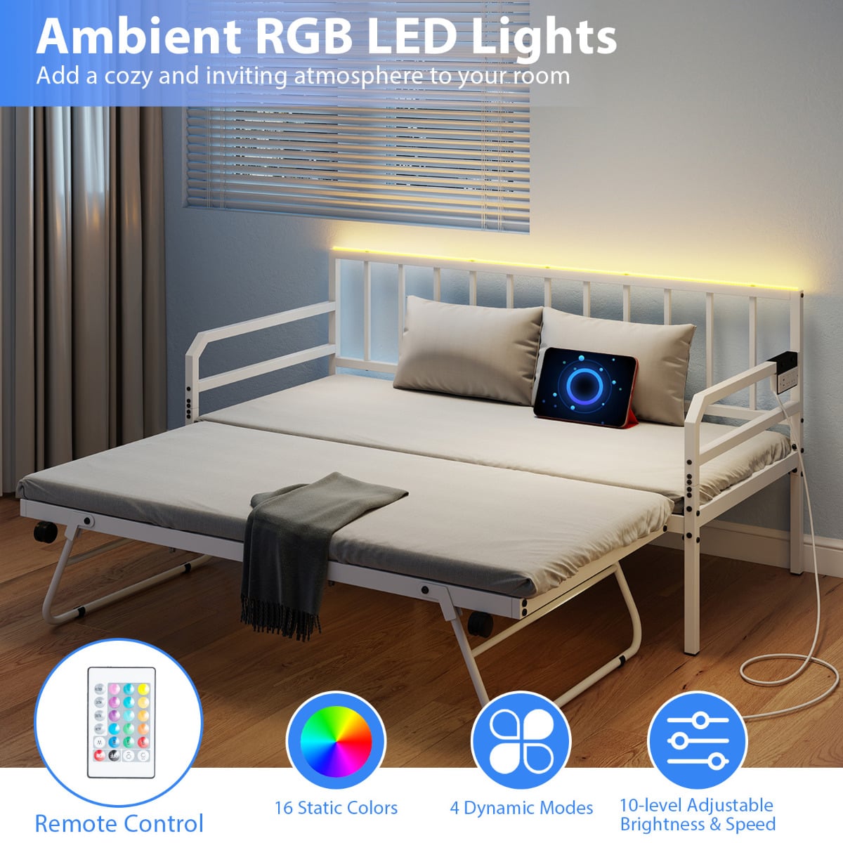 Metal Single Size Daybed with Charging Station and LED Lights-White