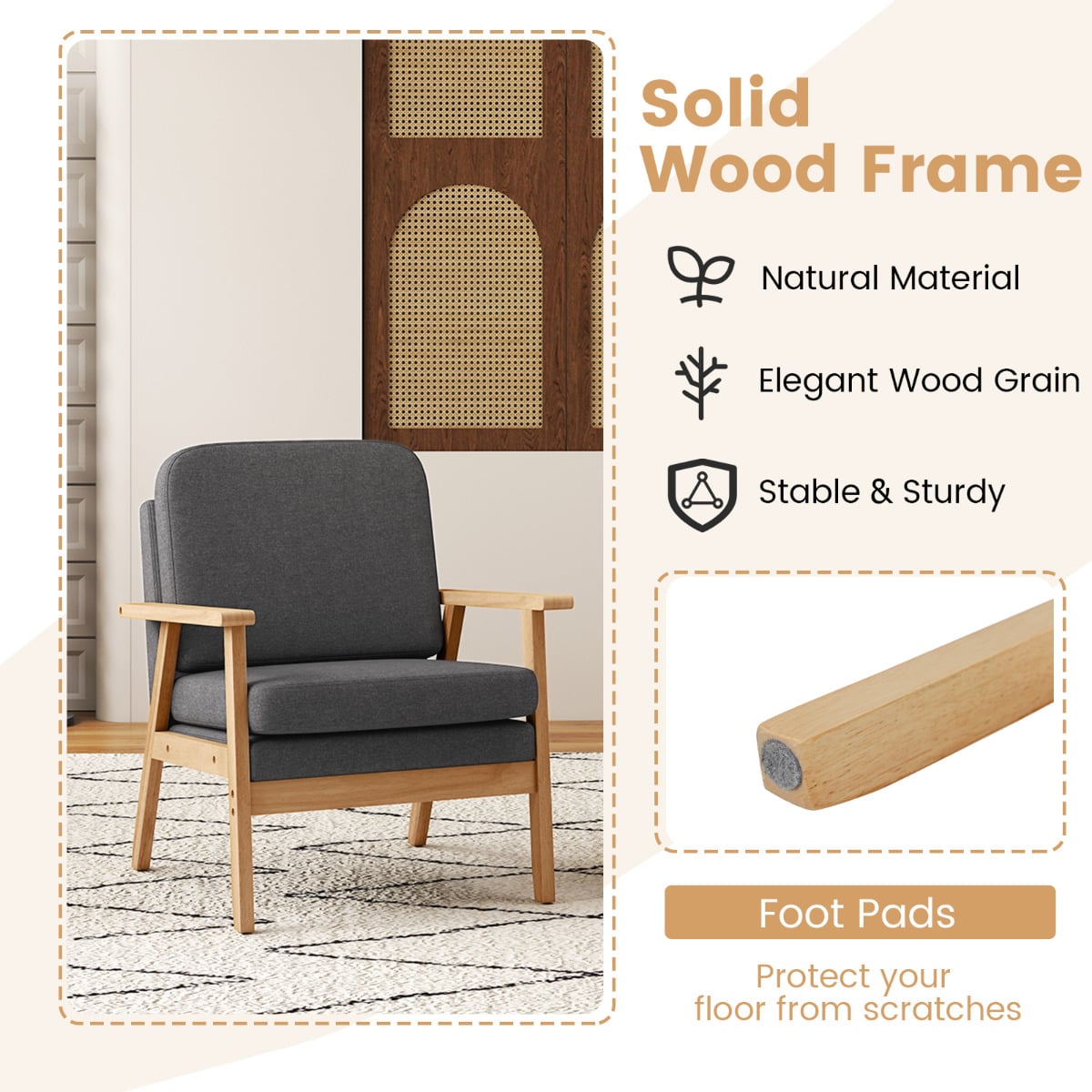 Mid-Century Accent Chair with Solid Wood Frame-Grey