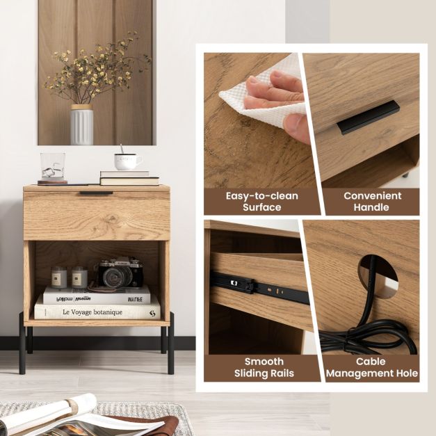 Mid Century Modern Nightstand with Charging Station and Open Compartment-Natural