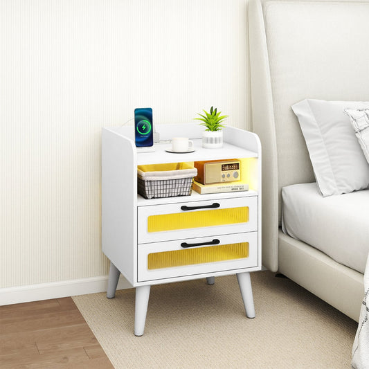 Mid Century Nightstand Modern Bedside Table with Charging Station-White