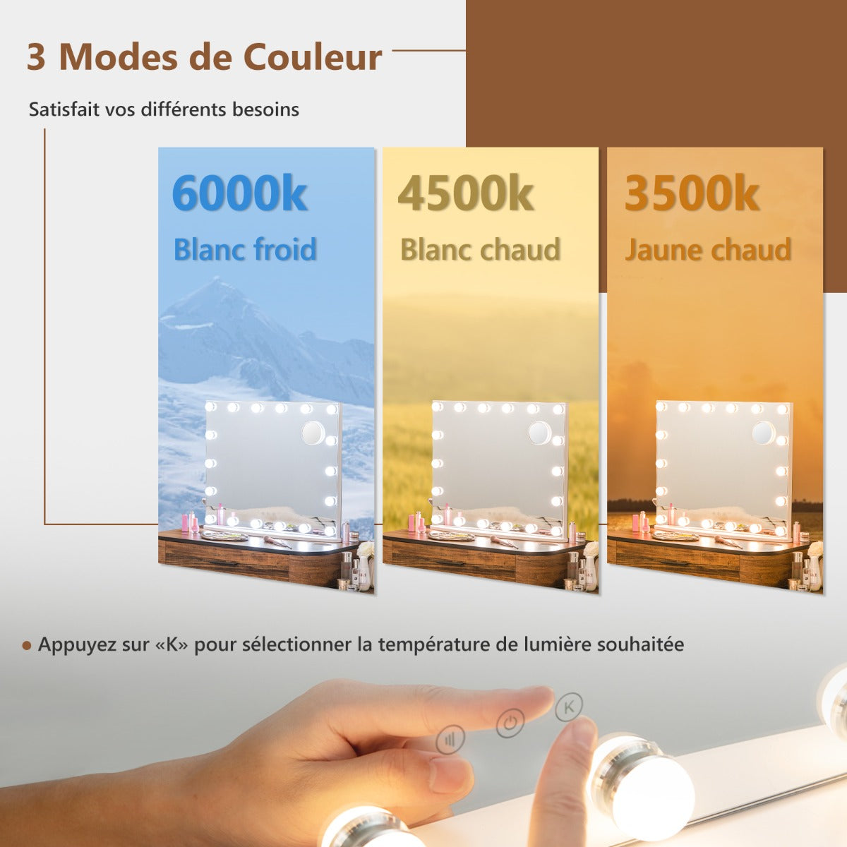 Hollywood Makeup Mirror-18 LED Bulbs Touch Control 3x Magnification Cool/Warm/Neutral White Lighting