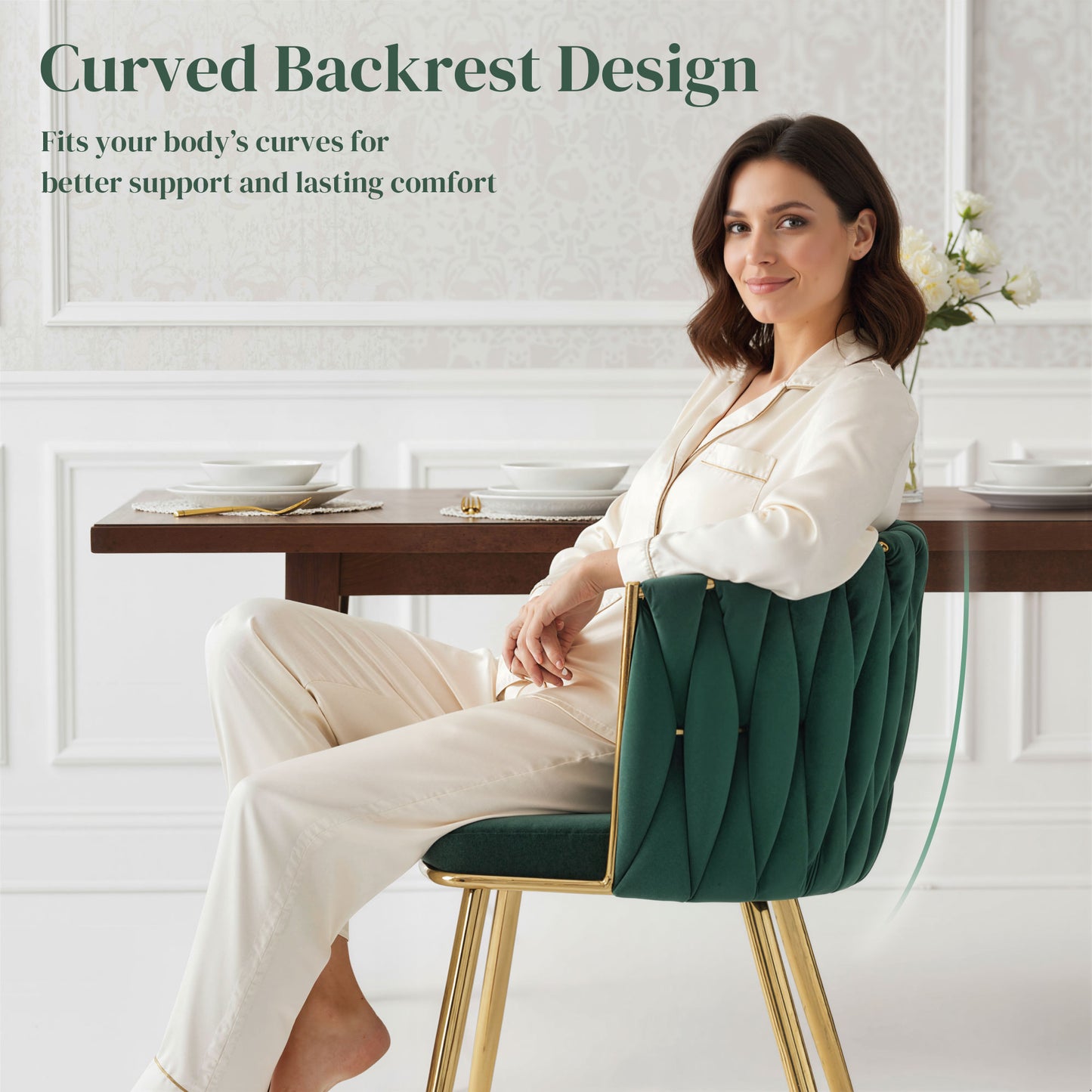 HOMCOM Velvet-Feel Dining Chairs Set of 2, Modern Upholstered Kitchen Chairs with Woven Backrest and Armrests, Metal Legs and Padded Seat for Dining Room, Bedroom, Living Room, Dark Green