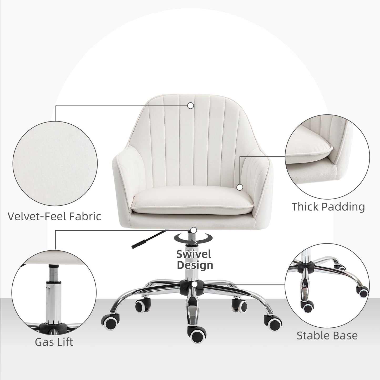 HOMCOM Velvet-Feel Office Chair with Adjustable Height and Wheels - Cream White