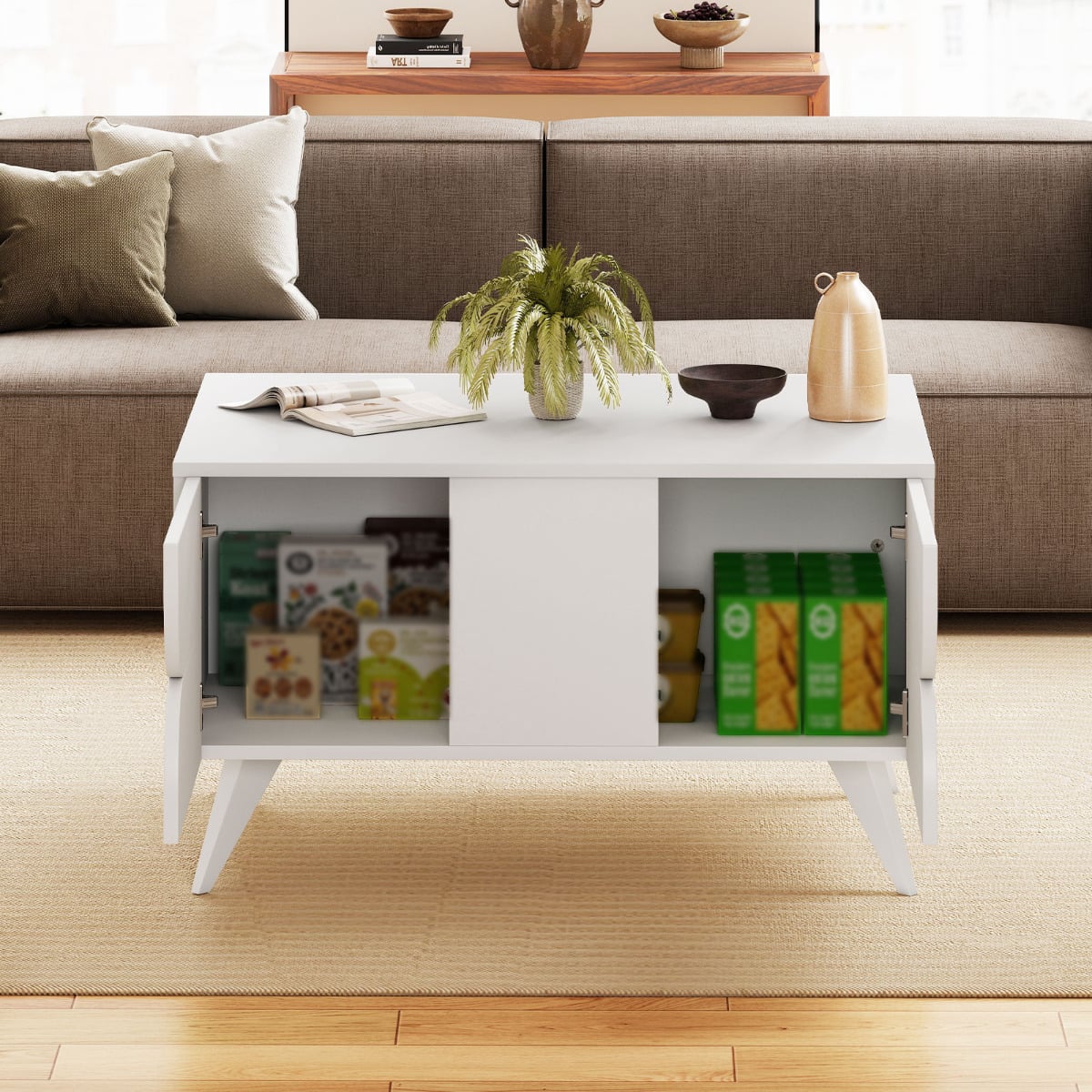 Modern Coffee Table with Storage Farmhouse Accent Table with Open Compartments and 3 Drawers-White