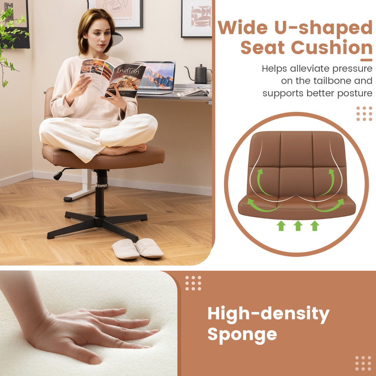 PU Leather Upholstered Armless Cross Legged Office Desk Chair No Wheels-Brown
