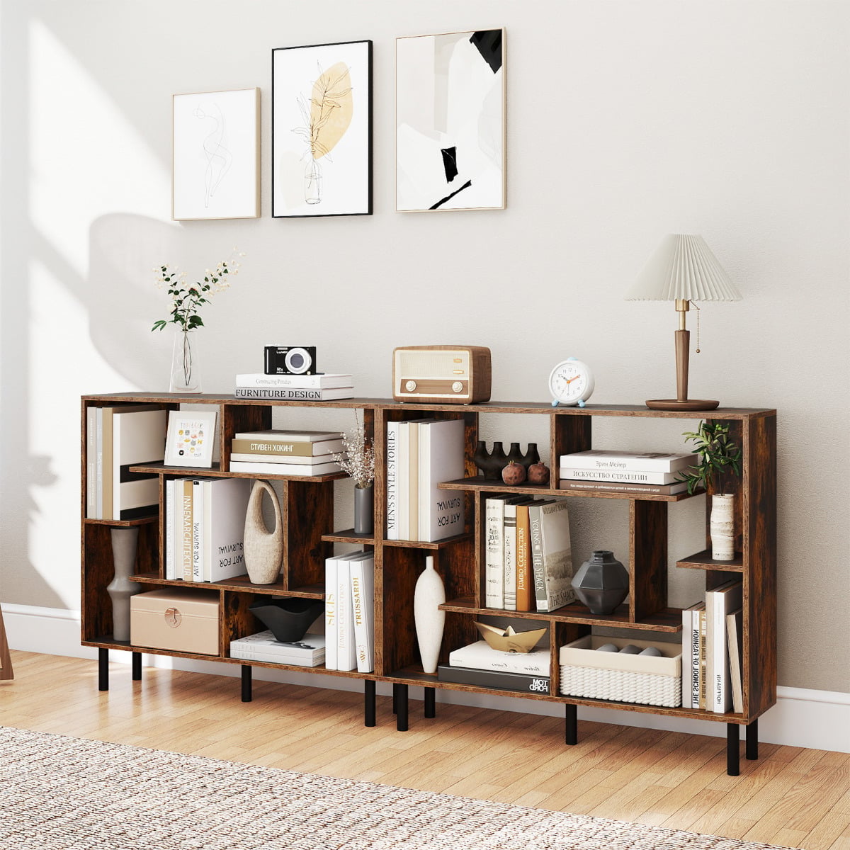 Modern Geometric Bookcase with Anti-tipping Devices-Rustic Brown