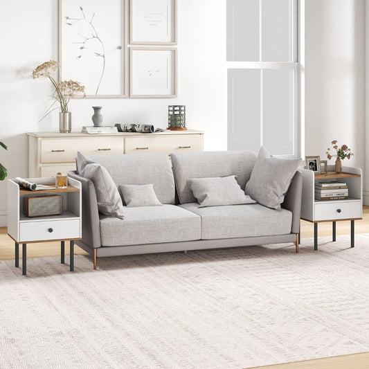 Modern Sofa Side Table with Drawer and Metal Legs for Small Spaces-White-2 Pieces