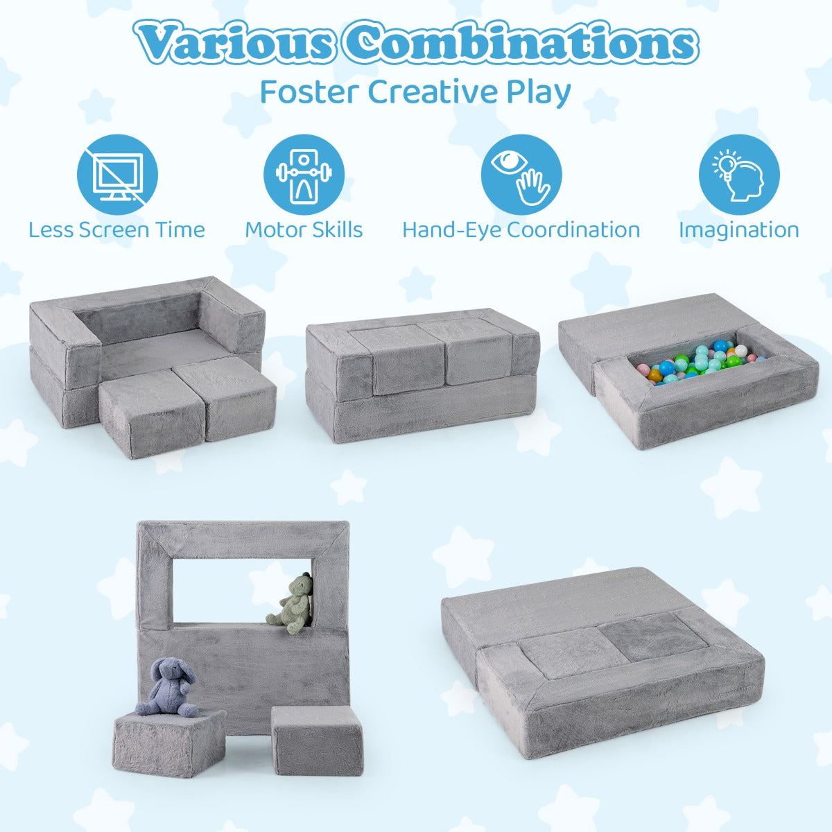 Modular Kids Sofa Childrens Fold Out Couch High Chair with Armrests-Grey
