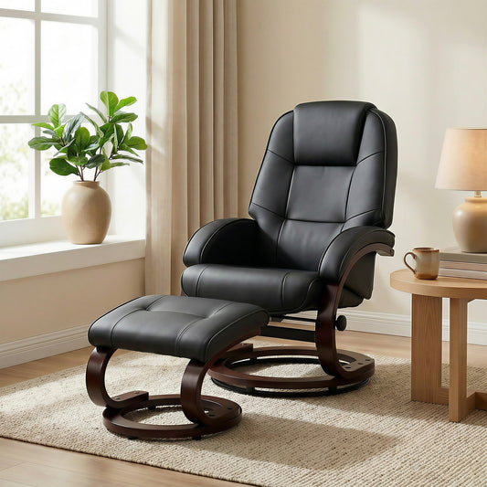 HOMCOM Swivel Recliner Chair with Footstool, PU Leather Recliner Armchair with Adjustable Back and Wood Frame, Black