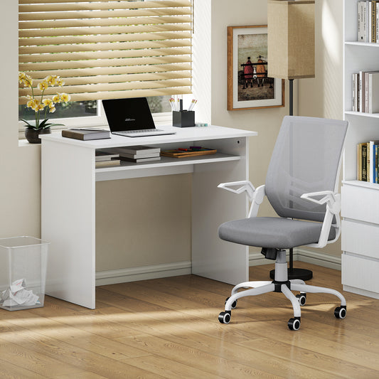 HOMCOM Home Office Furniture Set, Modern Computer Desk with Storage Shelf and Ergonomic Mesh Chair with Flip-Up Arms, Lumbar Support, Adjustable Height, Swivel Wheels, White and Grey