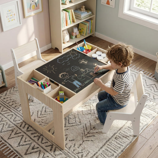 Multifunctional Kids Table and 2 Chairs Set with Whiteboard-Natural & White