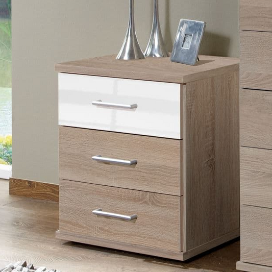 Bedside Table GEMA 3 Drawer Nightstand Oak and White Gloss 46cm