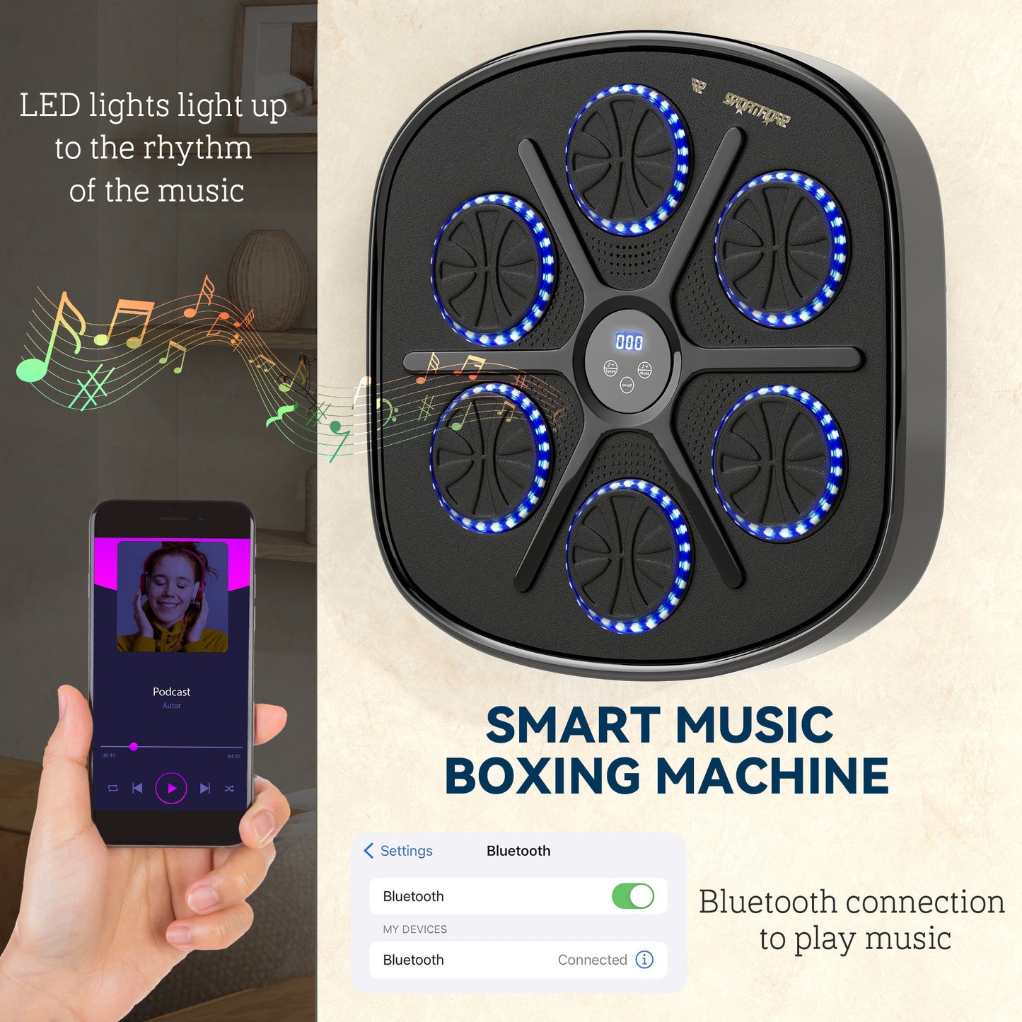 SPORTNOW Music Boxing Machine, Smart Bluetooth Boxing Machine Wall Mounted with 9 Speeds & Modes, LED Lights and Gloves, Punching Pad for Adults, Black
