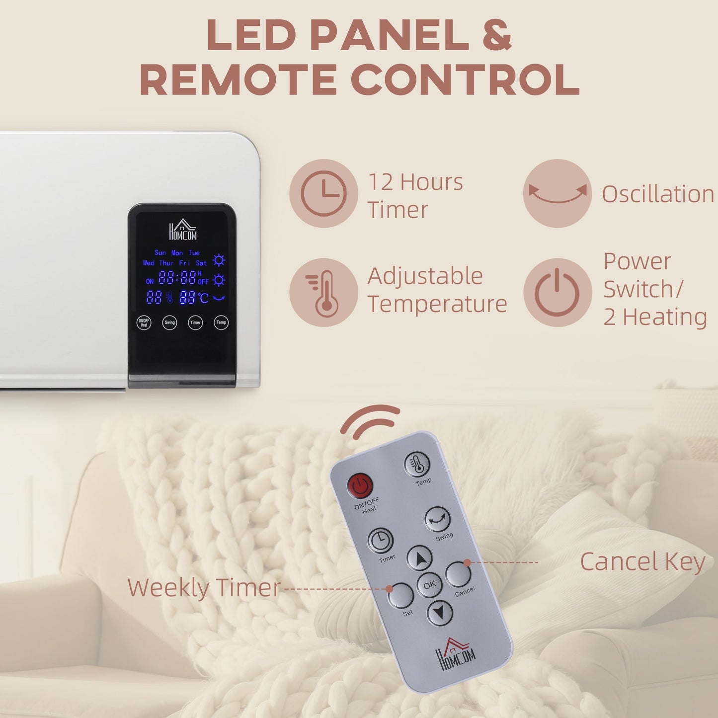 HOMCOM 2000W Wall-Mounted Heater, 18-45°C Temperature, White