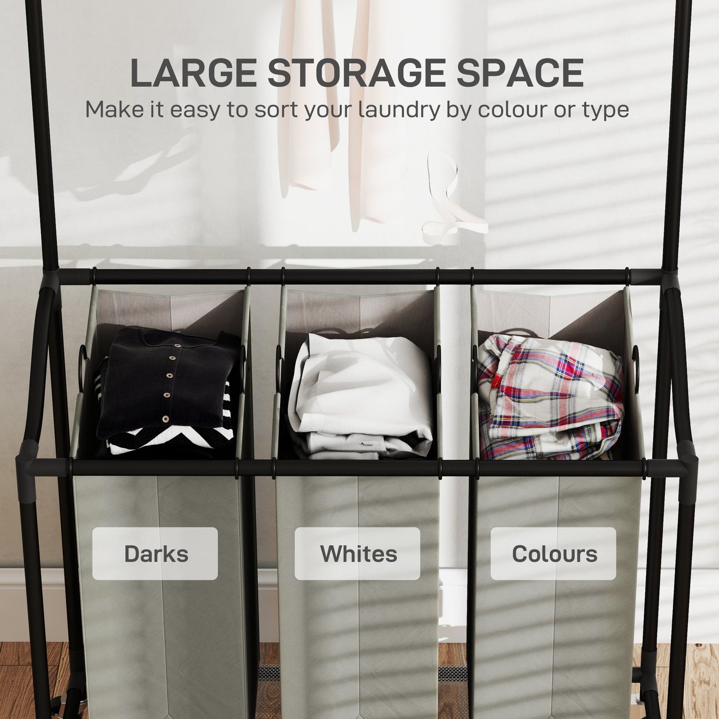 HOMCOM 3x 42L Laundry Basket Unit, with Hanging Rail - Black/Grey