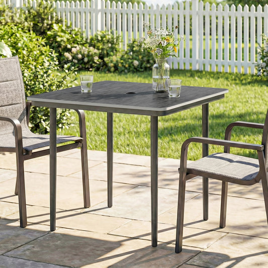 Outsunny Garden Dining Table for 4, 85 cm Square Outdoor Table with Umbrella Hole, Faux Wood Top, Metal Legs, Dark Grey