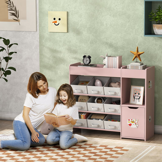 AIYAPLAY Kids Toy Storage, 9 Removable Fabric Bins, Wooden Toy Storage Units for Toys and Books for Bedroom, Nursery, Pink