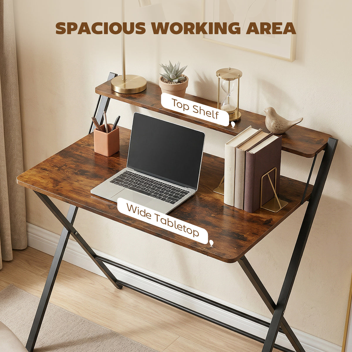 HOMCOM Compact Folding Desk for Small Spaces with Storage Shelf for Home Office, Rustic Brown