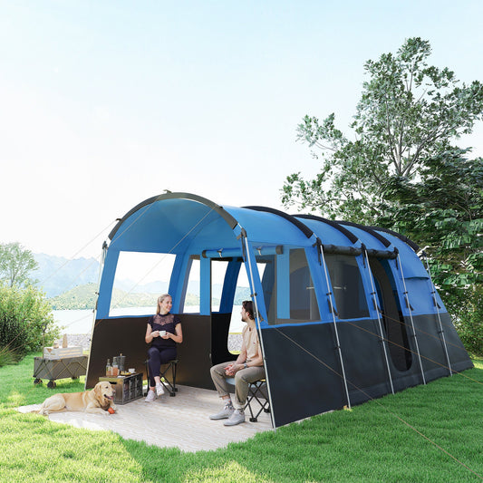 Outsunny 8-Person Camping Tent, Waterproof Family Tent, Tunnel Design, 4 Large Windows, Sleeping Cabins 3000mm Water Column Blue
