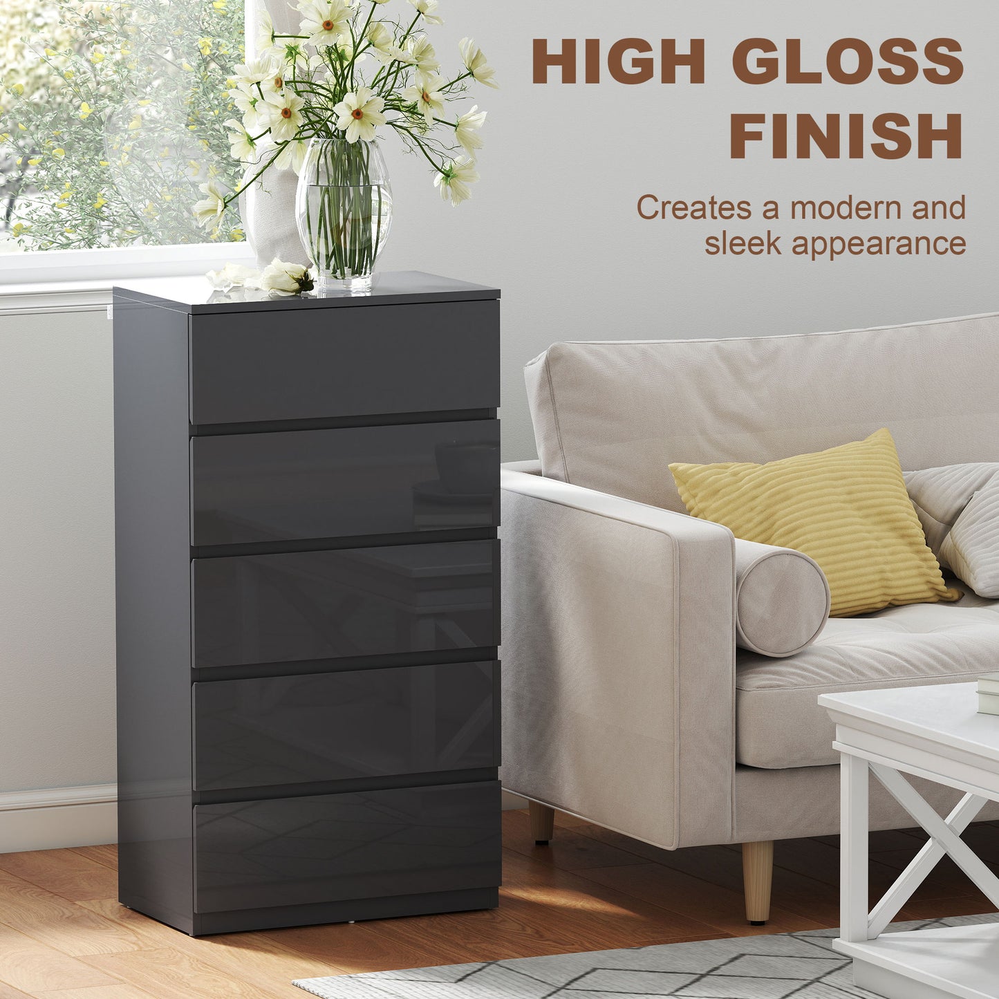 HOMCOM Chest of Drawers, 5-Drawer Storage Cabinets, Modern Dresser, Storage Drawer Unit for Bedroom