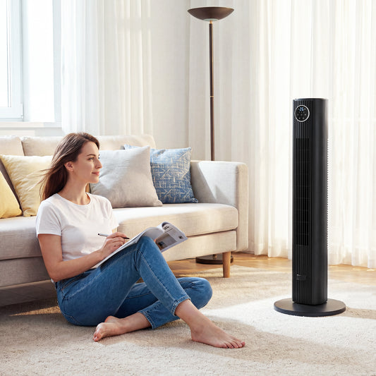 HOMCOM 28dB Tower Fan for Bedroom, 36 inch, 8 m/s Velocity Standing Cooling Fan with 80° Oscillating, BLDC Motor, 12 Speeds, LED Display, 4 Modes, 12H Timer, Remote Control, Black
