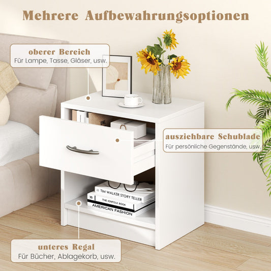 Bedside Table Nightstand with Drawer and Open Storage Shelf-White
