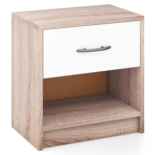 Bedside Table Nightstand with Drawer and Open Storage Shelf-Natural & White