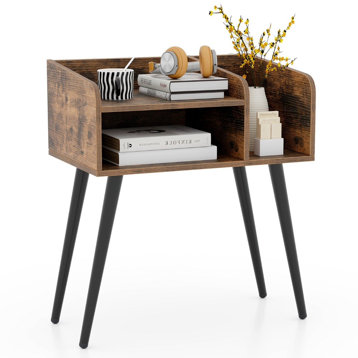 Mid Century Modern Nightstand with Open Shelves-Brown