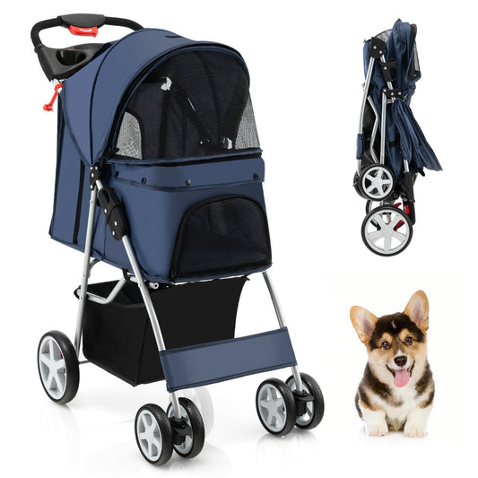 4-Wheel Folding Pet Stroller with Mesh Windows & Storage Basket-Navy