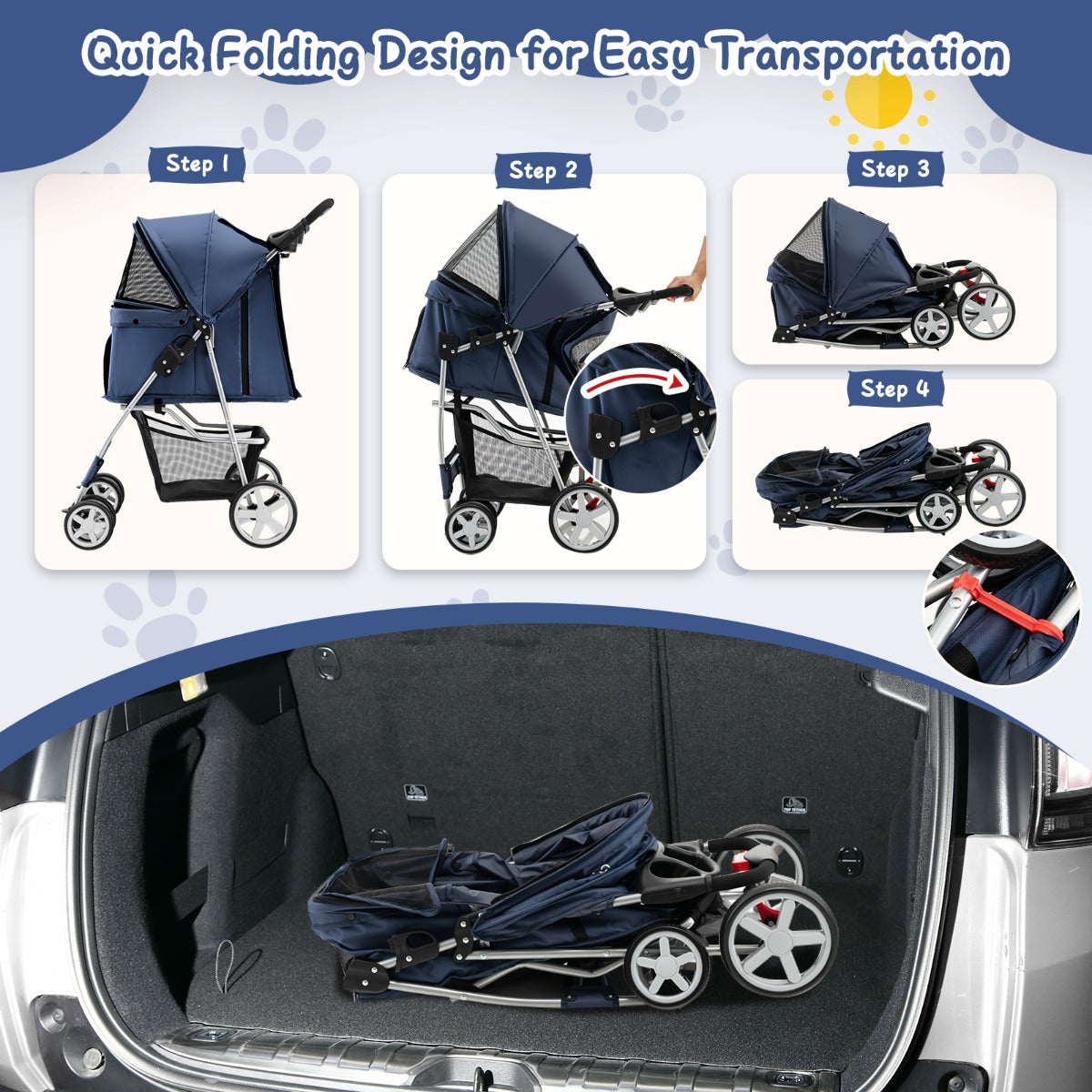 4-Wheel Folding Pet Stroller with Mesh Windows & Storage Basket-Navy