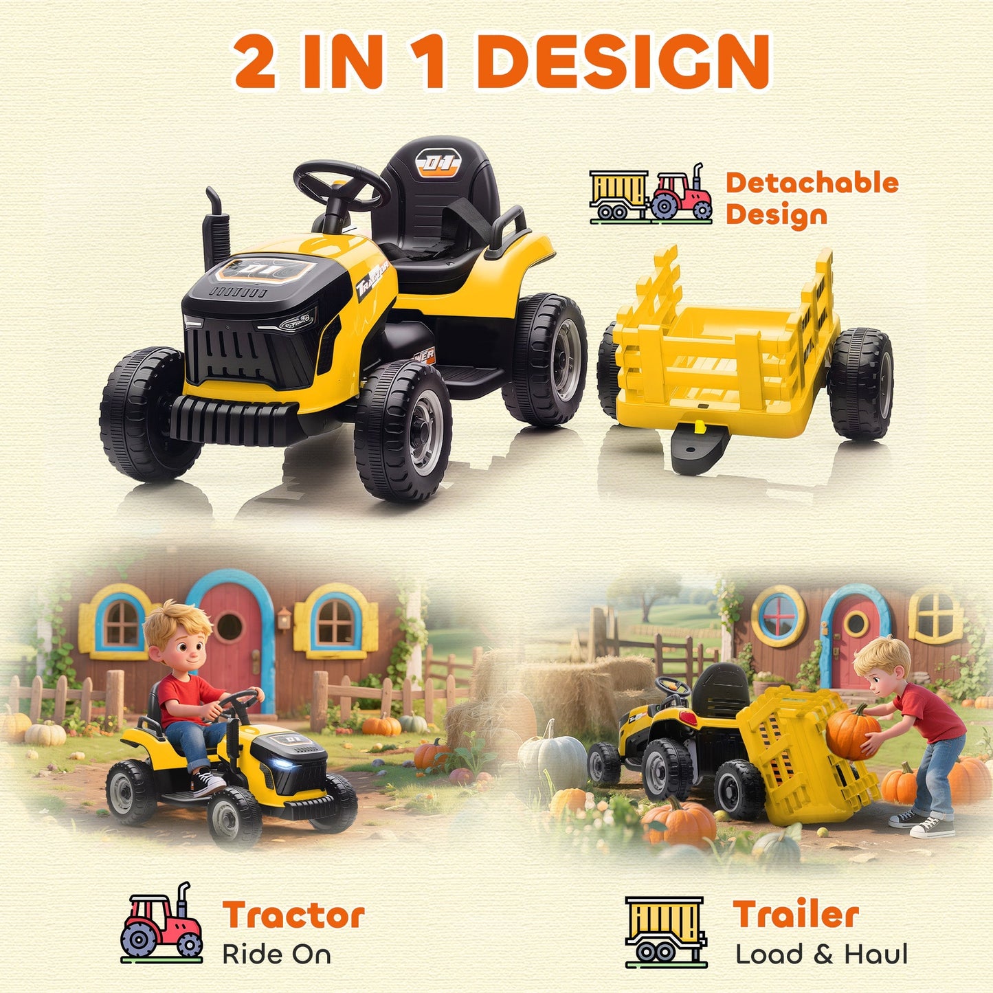 AIYAPLAY 12V Ride on Tractor and Trailer with Remote Control, Music, Shifter, Start-Up Sound, for Kids Ages 3-8 Years, Yellow