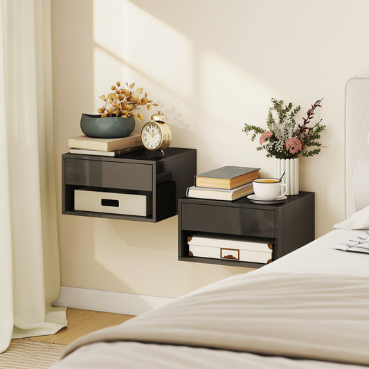 HOMCOM Floating Bedside Tables Set of 2, Wall Mounted Nightstand, High Gloss Black