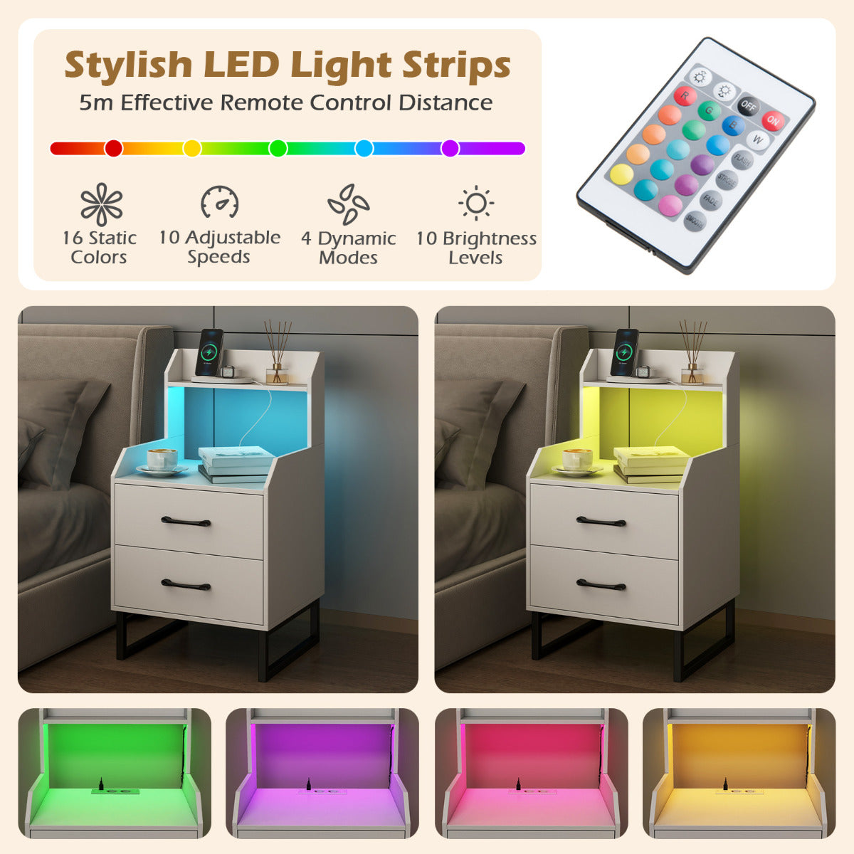 Nightstand Modern Bedside Table with Built-in Charging Station-White