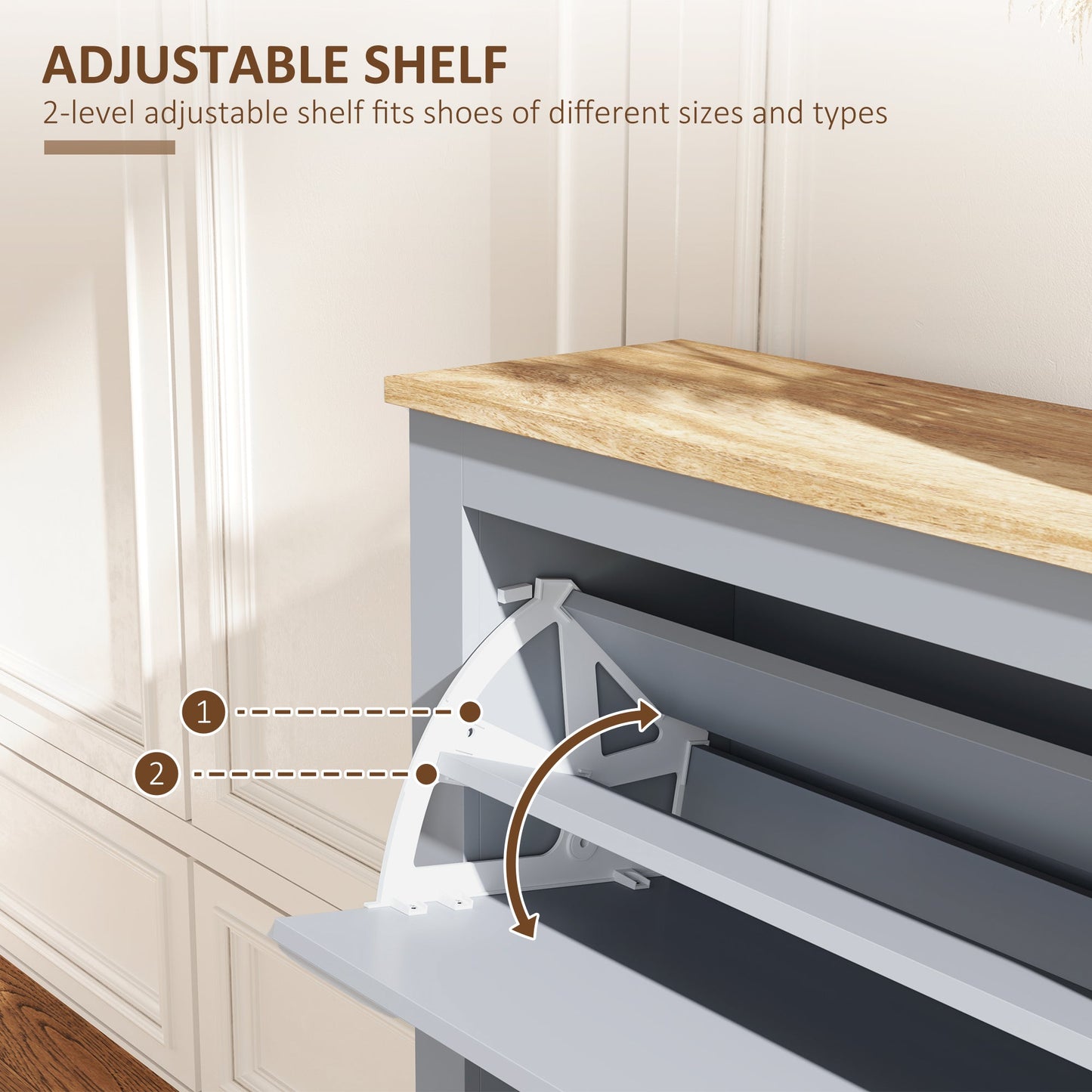 HOMCOM 2 Drawer Shoe Cabinet Modern Narrow Shoe Cupboard Hallway Wooden Storage Organiser with Flip Doors Adjustable Shelf for 6-12 Pairs, Grey