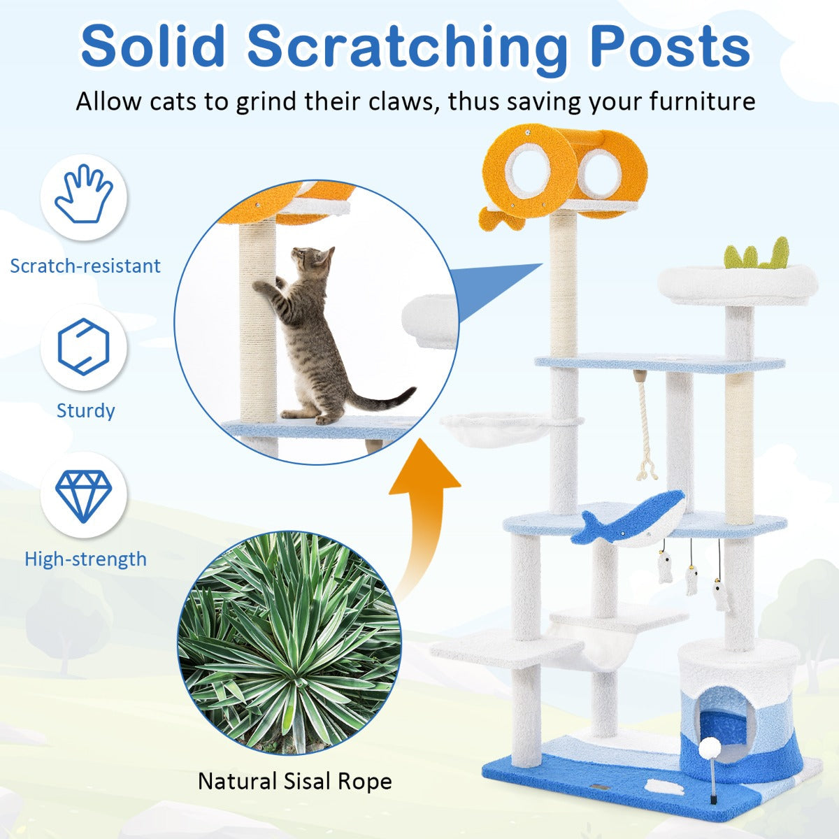 Ocean-themed Cat Tree Tower with Sisal Covered Scratching Posts-Blue
