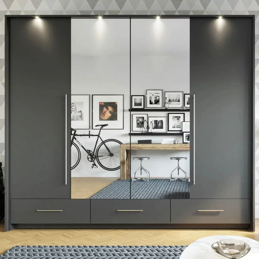 Lindsey 255cm Large Swing Door Wardrobe with Mirror and 3 Drawers - Graphite and White