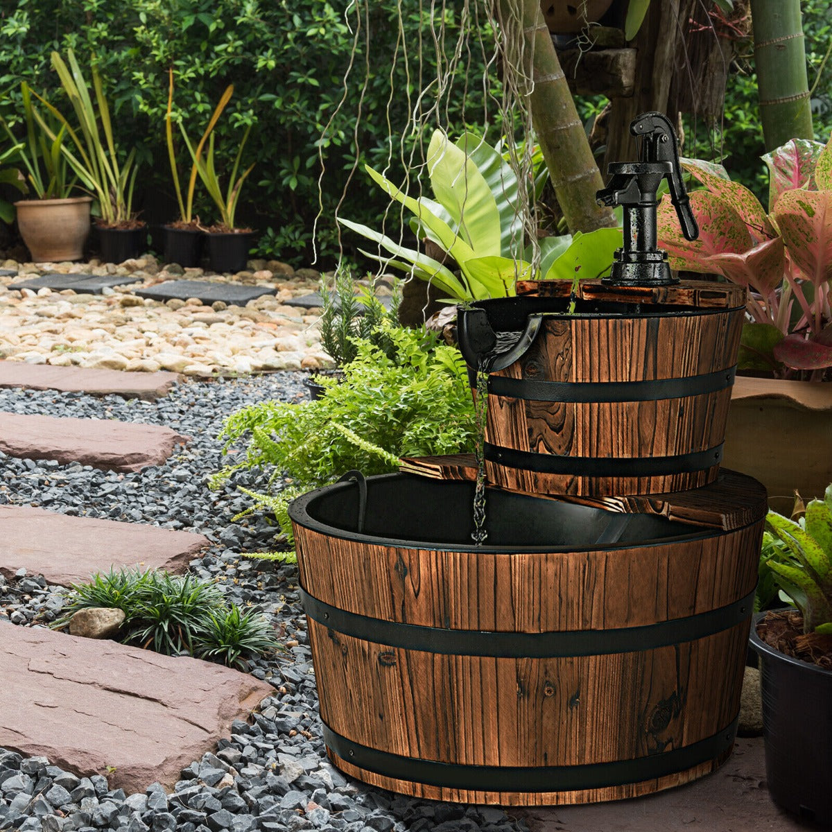 Wooden Water Pump Fountain with Water Speed Adjustment for Garden
