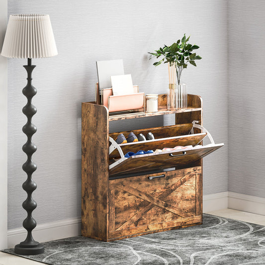 HOMCOM Two Flip Drawer Narrow Shoe Cabinet with Adjustable Shelves - Rustic Brown