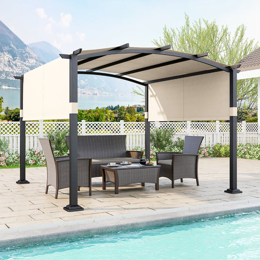 Outdoor Pergola with Retractable Sunshade Canopy and Anchored Plates-Beige