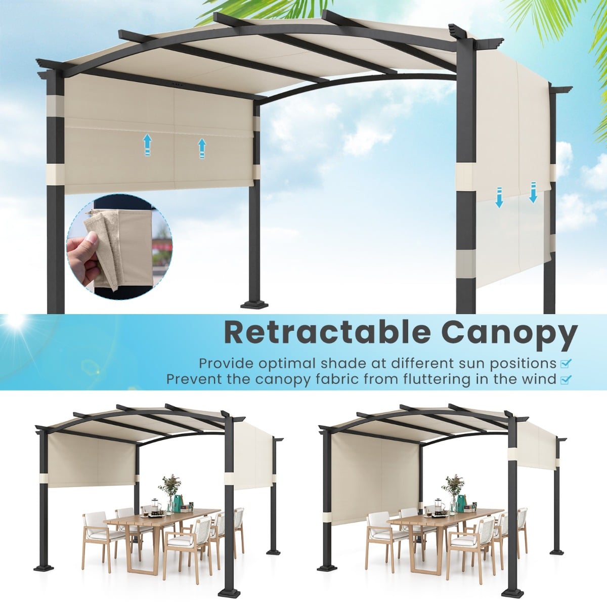 Outdoor Pergola with Retractable Sunshade Canopy and Anchored Plates-Beige