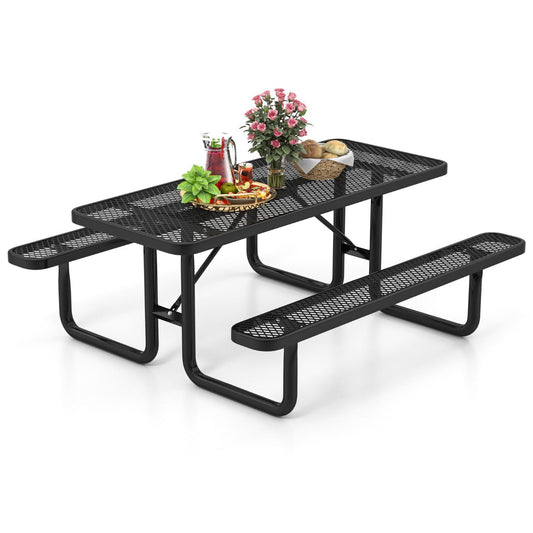 Outdoor Picnic Table & Bench Set for 8 with Seats Mesh Grid-Black