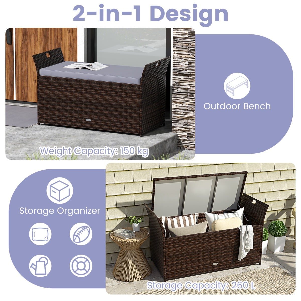 Outdoor Storage Bench with Hand-woven PE Rattan Wicker and Side Handles-Grey