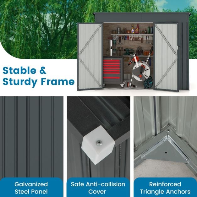 Outdoor Garden Shed Garden Tool Shed with 2 Doors Slanted Design Vents Galvanized Metal Frame 235x117x185cm Dark Grey