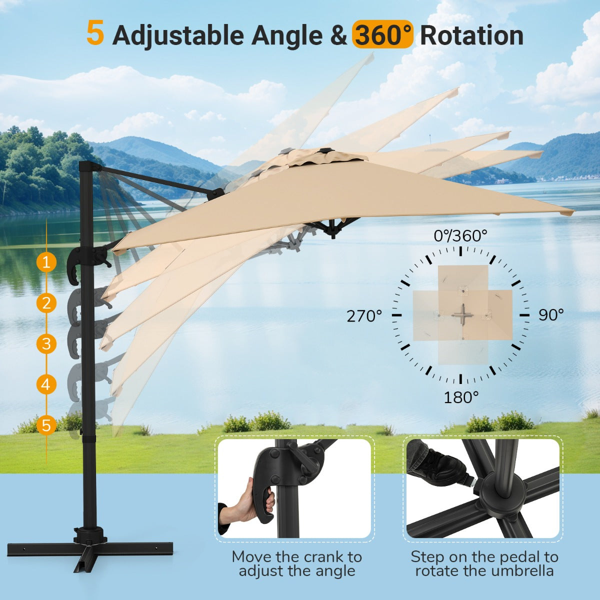 Patio Offset Umbrella with 360° Rotation and 5 Adjustable Tilt 8 Ribs-Beige