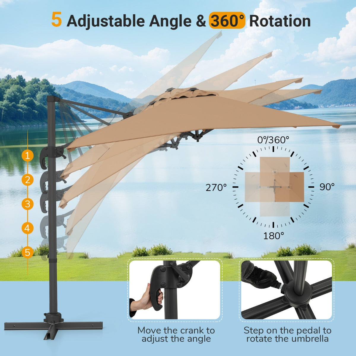 Patio Offset Umbrella with 360° Rotation and 5 Adjustable Tilt 8 Ribs-Brown