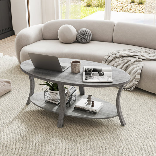Oval Coffee Table 2-Tier Center Table with Storage Shelf-Grey