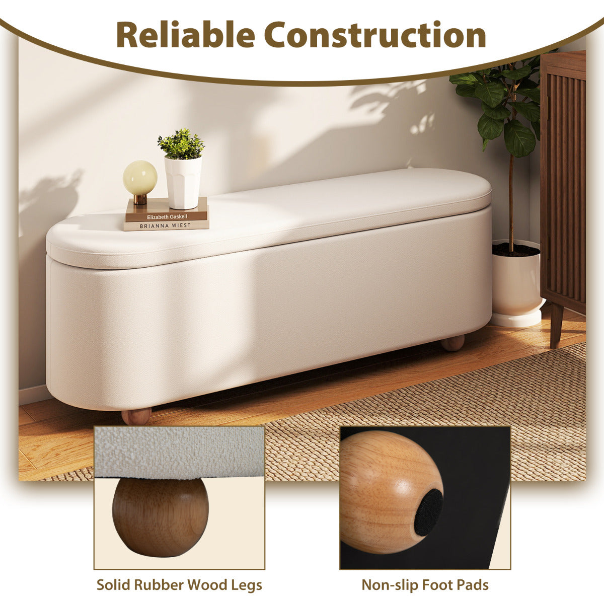 Oval Storage Bench 139 CM Long Ottoman Bench with Flip Top-White