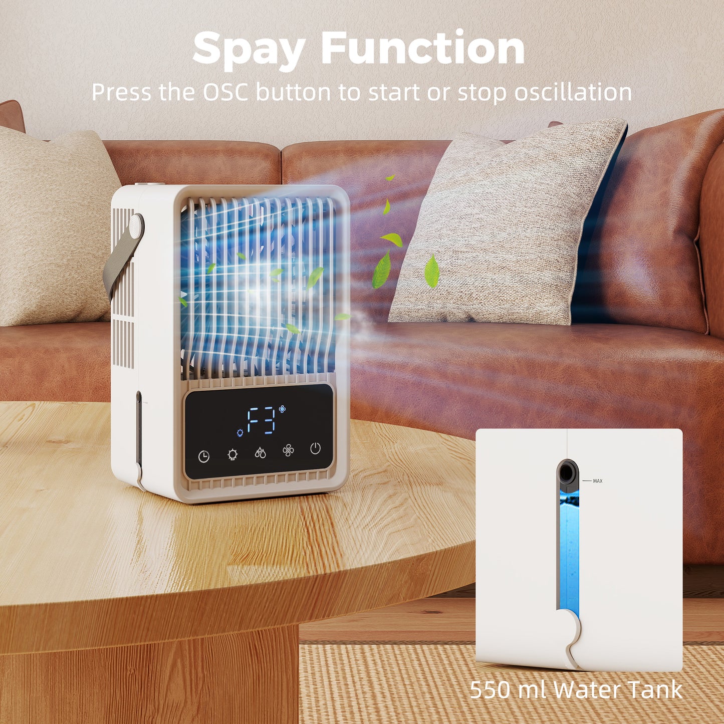 HOMCOM Desk Fan with Humidifier and RGB Light Portable Table Fan with 550ml Water Tank Black